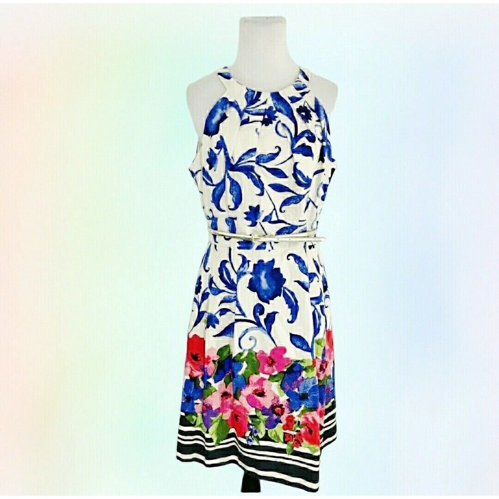 Eliza J Dress 8 Fit and Flare Floral Pleats Belt sleeveless‎ summer elegant